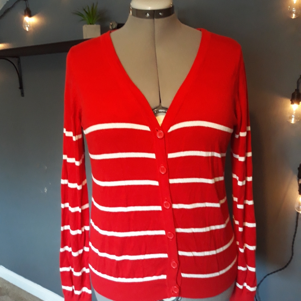 Red White Stripes Cardigan Large